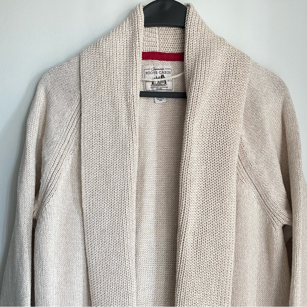ROOTS Cabin Collection Cream Open Front Cardigan with Red Accents - Picture 2 of 7
